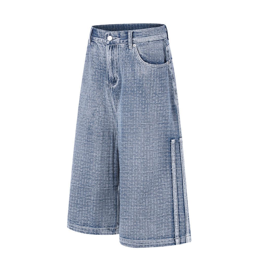 Men's Wide-Leg Denim Shorts – Relaxed Fit Jacquard Textured Jean Shorts