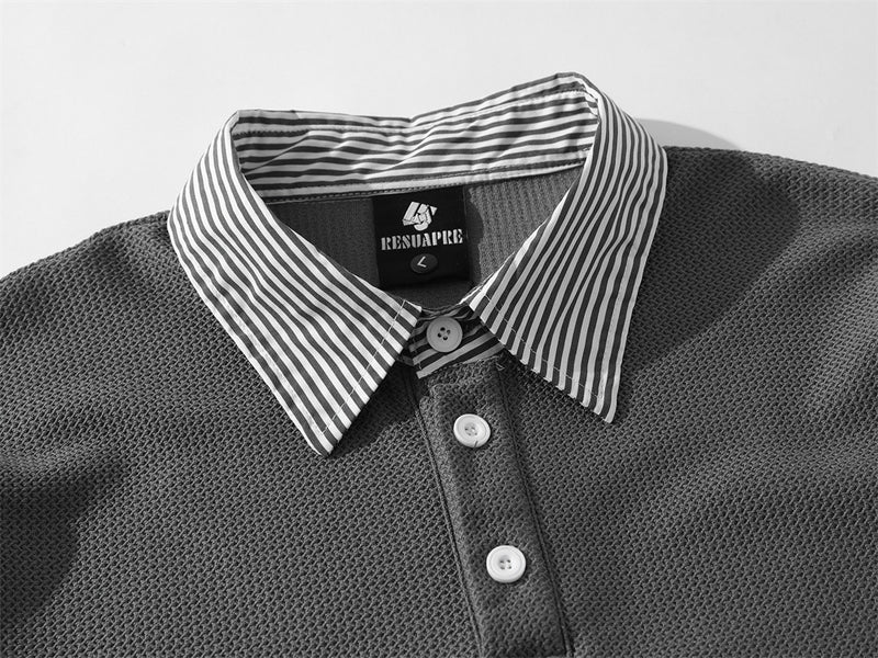 Men's Faux-Layered Polo Sweatshirt with Pearl Stud Letters and Striped Collar