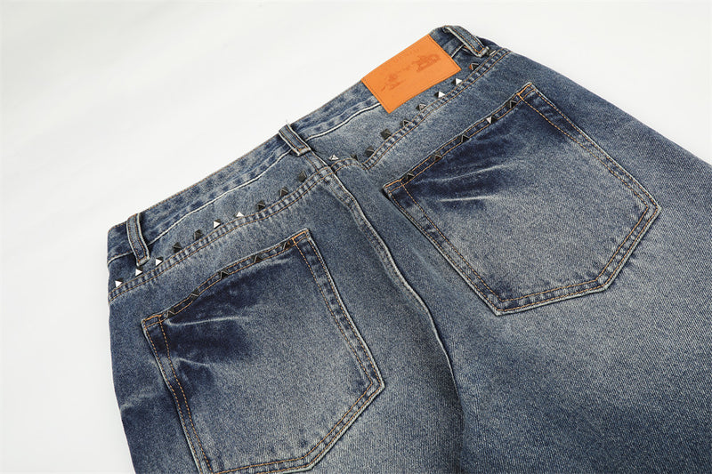 Men's Vintage Wash Wide-Leg Jeans with Metal Pyramid Studs – Retro Blue