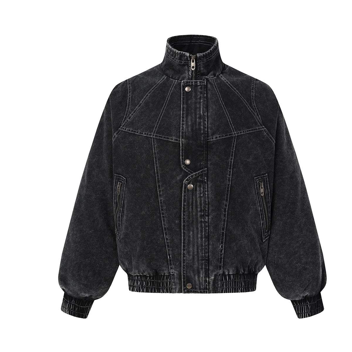 Washed Denim Padded Bomber Jacket – Deconstructed Moto-Inspired Outerwear