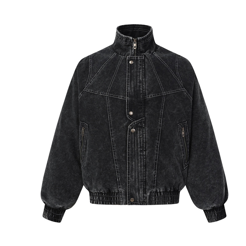 Washed Denim Padded Bomber Jacket – Deconstructed Moto-Inspired Outerwear