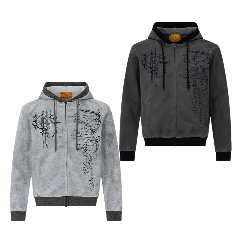 Hoodie mit Gothic-Schriftzug und Reißverschluss – Gewaschener Vintage-Dark-Style