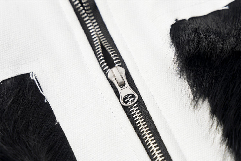 Black Faux Fur Hooded Bomber Jacket with White Cross Patch