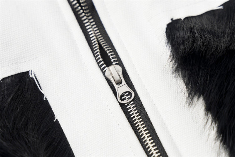 Black Faux Fur Hooded Bomber Jacket with White Cross Patch