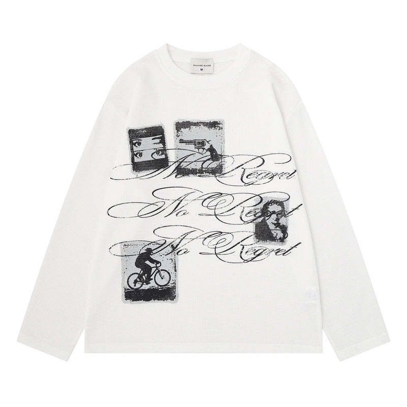 Long Sleeve Graphic Print Crew Neck Shirt – No Regret Graffiti Script, Relaxed