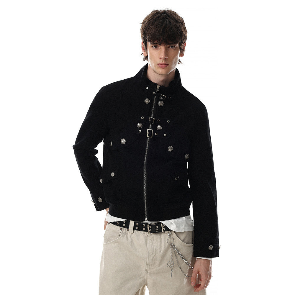 Men's Military-Inspired Short Jacket with Stand Collar, Buckle Straps & Button