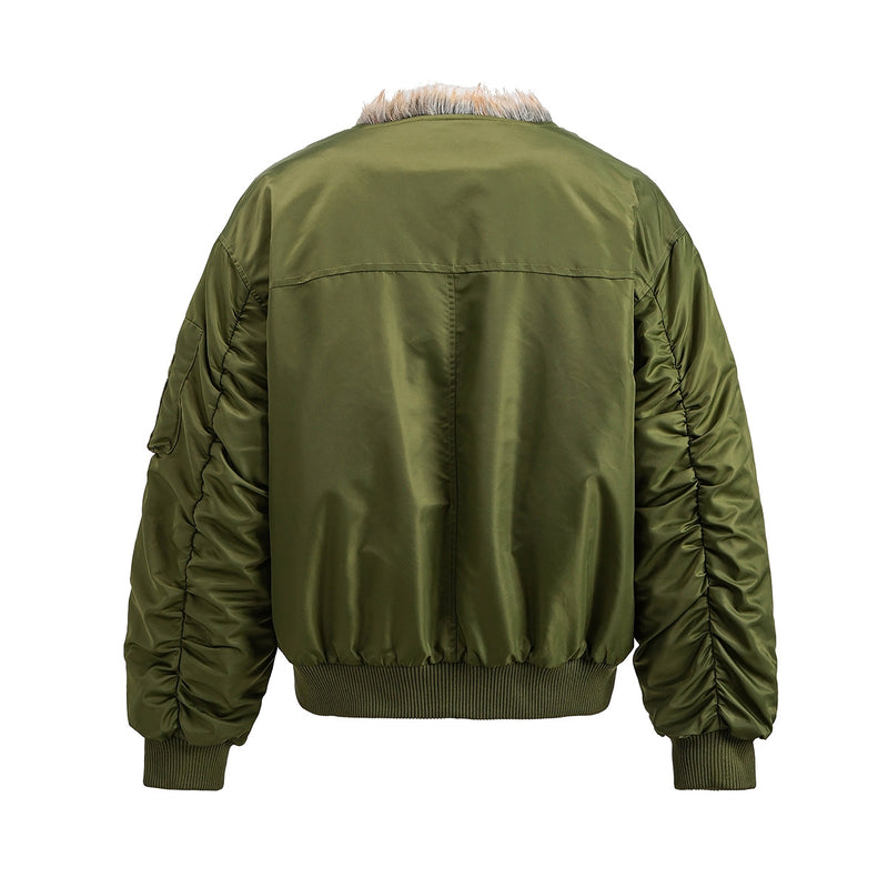 Faux Fur Collar Bomber Jacket with Quilted Lining