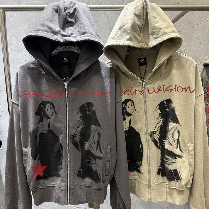 Spectravision Graphic Zip-Up Hoodie – Washed Oversized Heavy Fleece