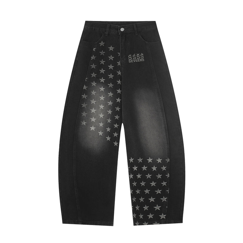 Baggy Star Print Jeans Wide-Leg Denim Pants