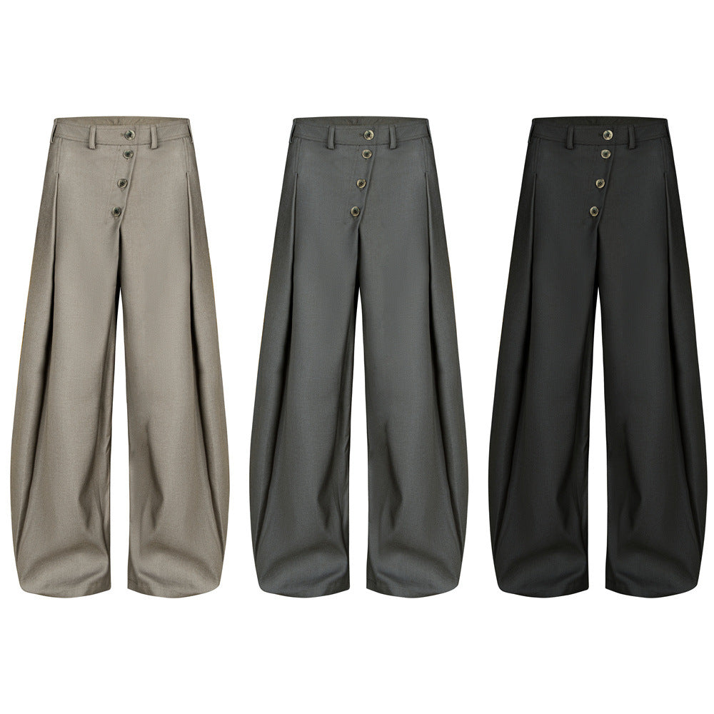 Wide-Leg Pleated Trousers – Diagonal Button Fly, Relaxed Silhouette
