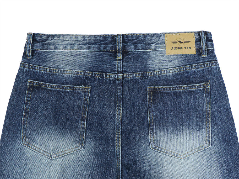 Men's Wide-Leg Jeans – Washed Dark Blue Denim with Stud Trim & Wavy Whisker