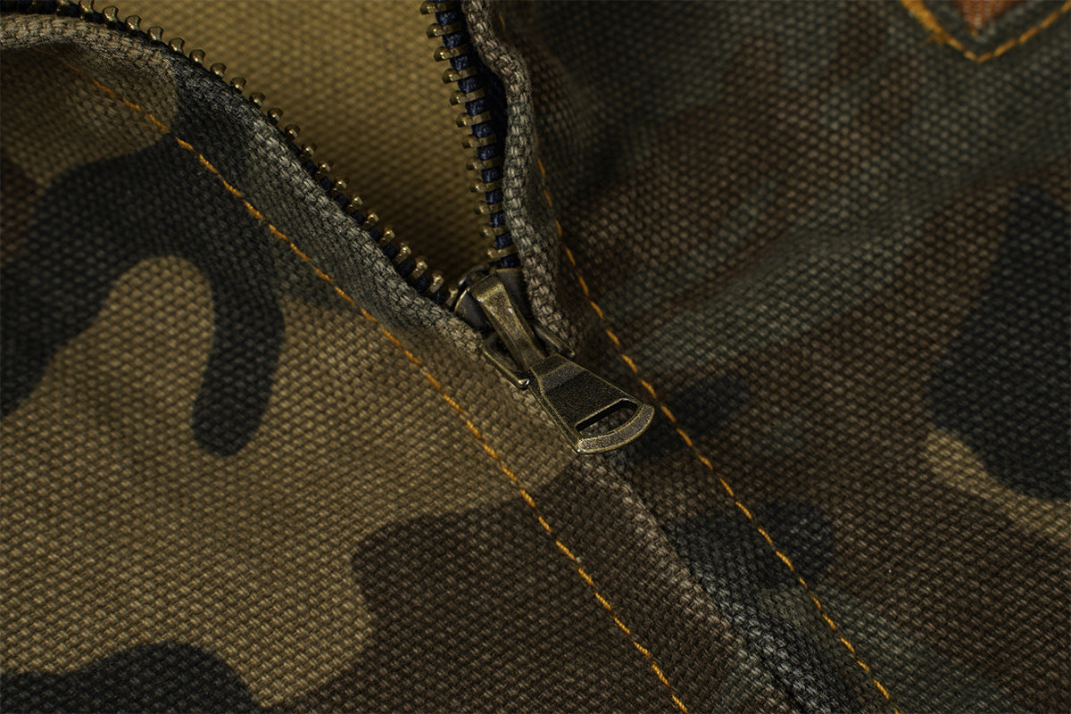 Veste de travail zippée en toile camouflage avec col en velours côtelé