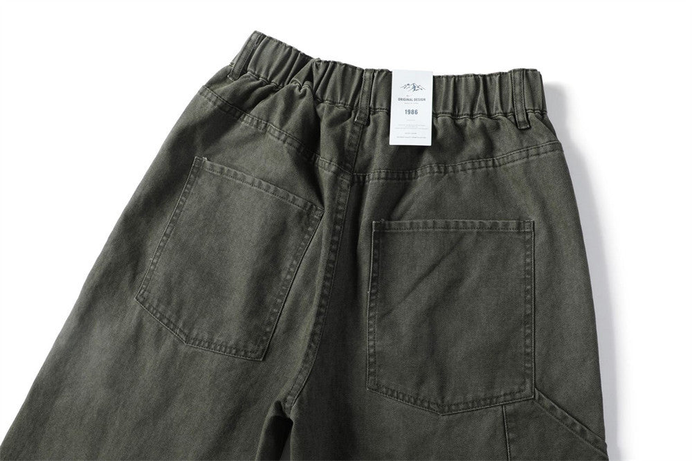 Vintage Washed Canvas Wide-Leg Utility Pants with Patch Pockets