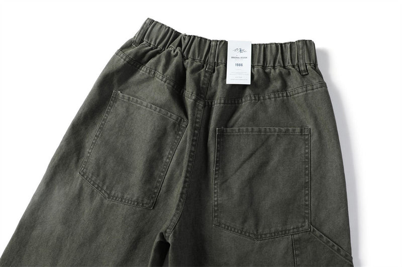 Vintage Washed Canvas Wide-Leg Utility Pants with Patch Pockets