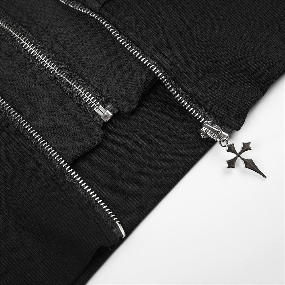 Close-up of bottom zipper pull with cross charm on black hoodie jacket