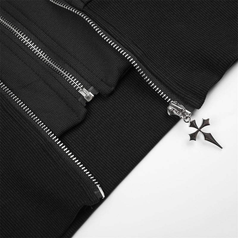 Close-up of bottom zipper pull with cross charm on black hoodie jacket