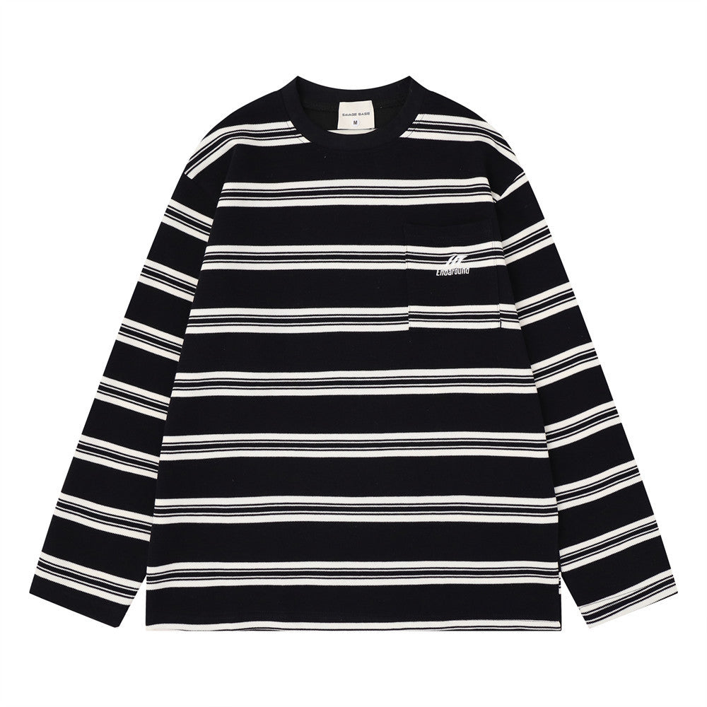 Men's oversized striped long sleeve t-shirt in black and cream with crew neck and chest pocket