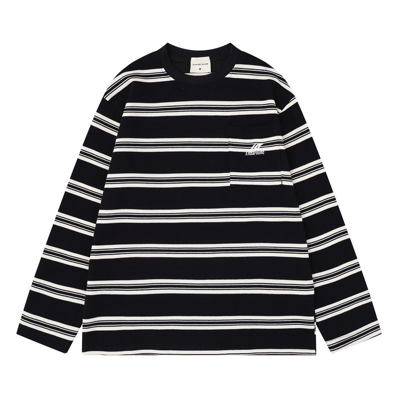 Men's oversized striped long sleeve t-shirt in black and cream with crew neck and chest pocket
