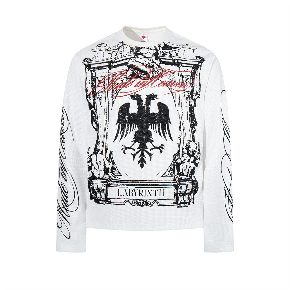 Labyrinth Double Eagle Crest Graphic Long-Sleeve Tee – White Waffle-Knit