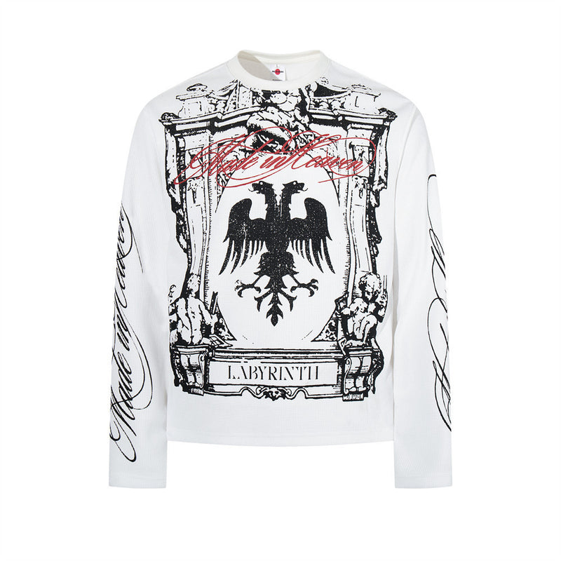 Labyrinth Double Eagle Crest Graphic Long-Sleeve Tee – White Waffle-Knit