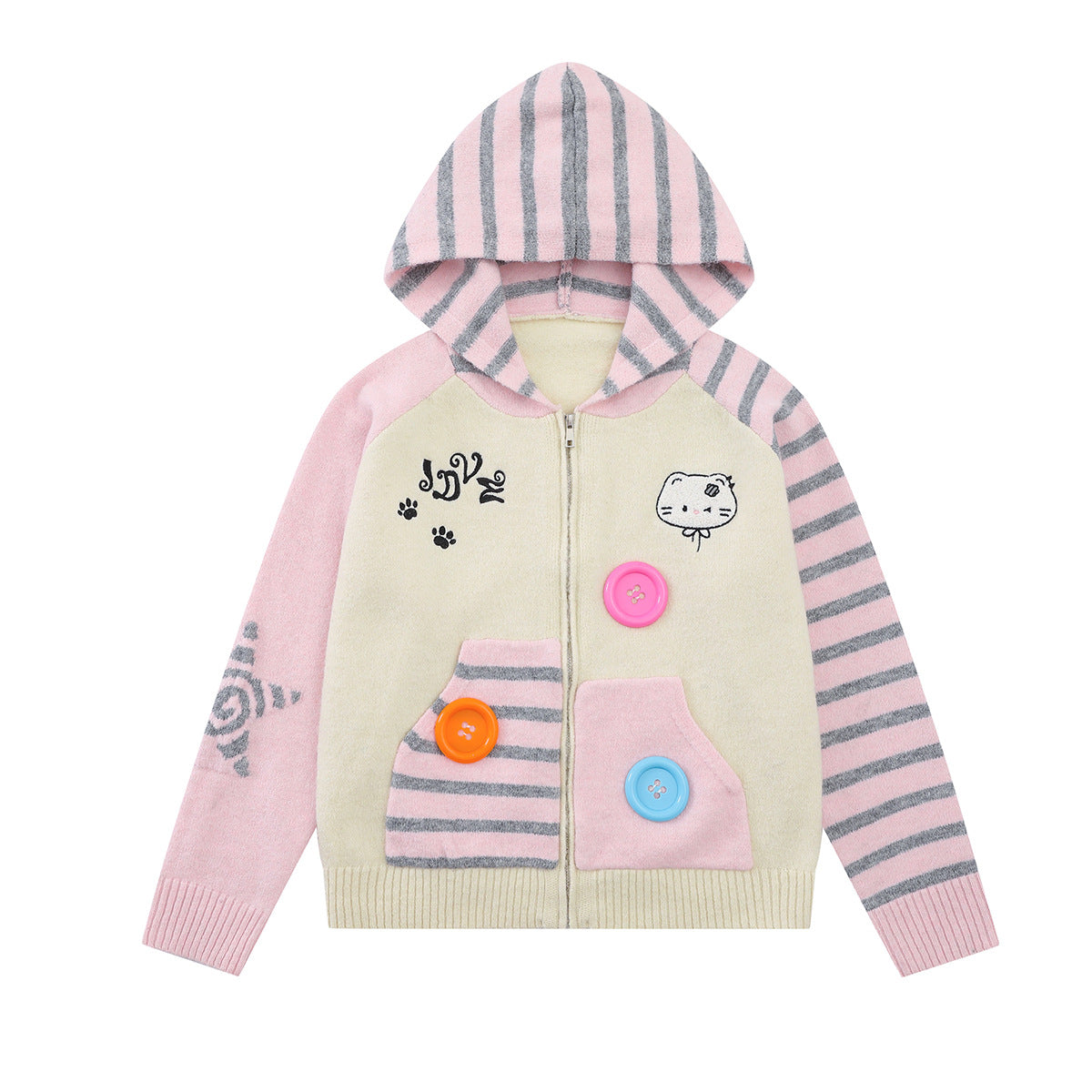Cartoon Cat Knit Zip-Up Hoodie – Striped Colorblock Cardigan Sweater