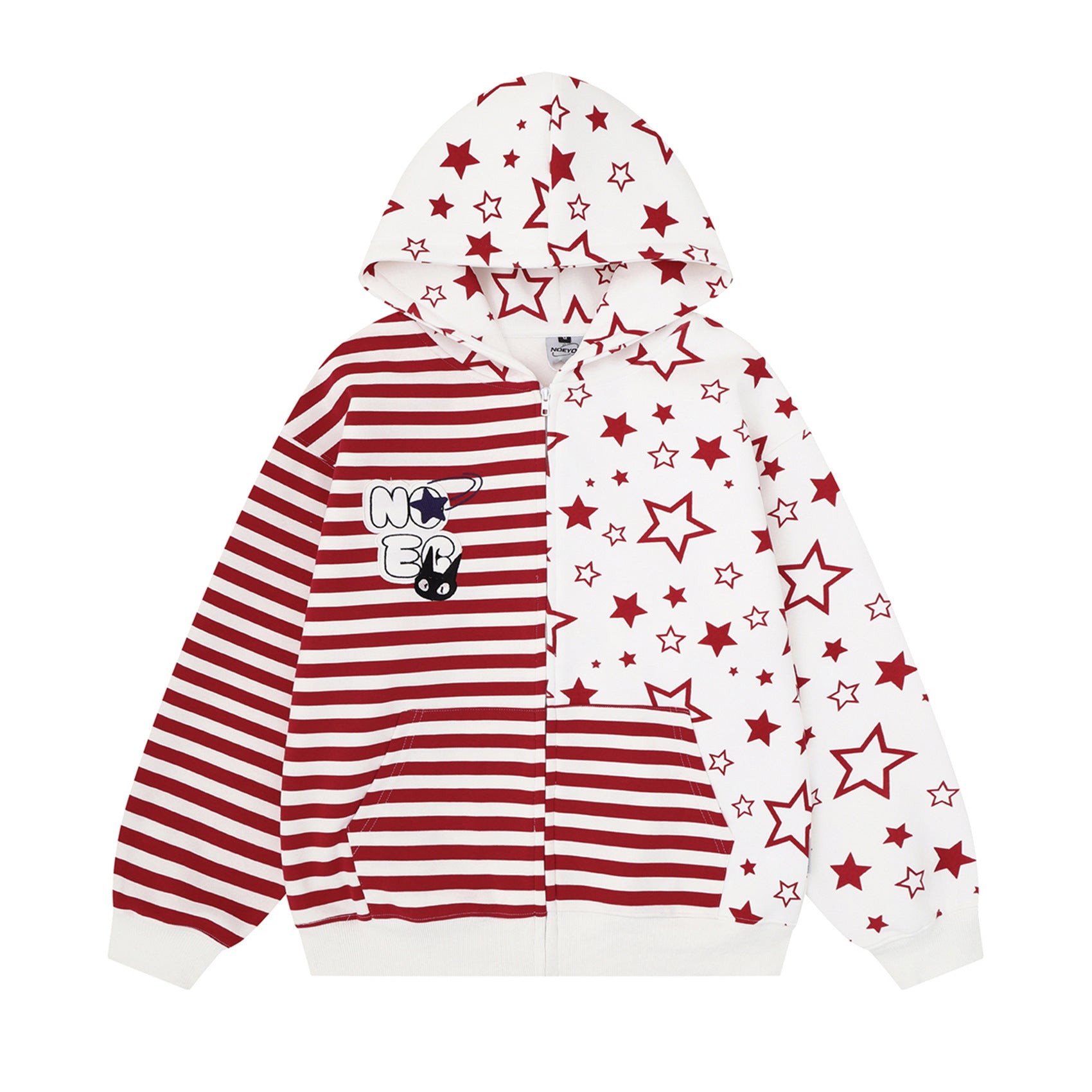 Asymmetrischer Hoodie mit Sternen- und Streifenprint – Oversized Unisex-Cardigan mit Color-Block-Design