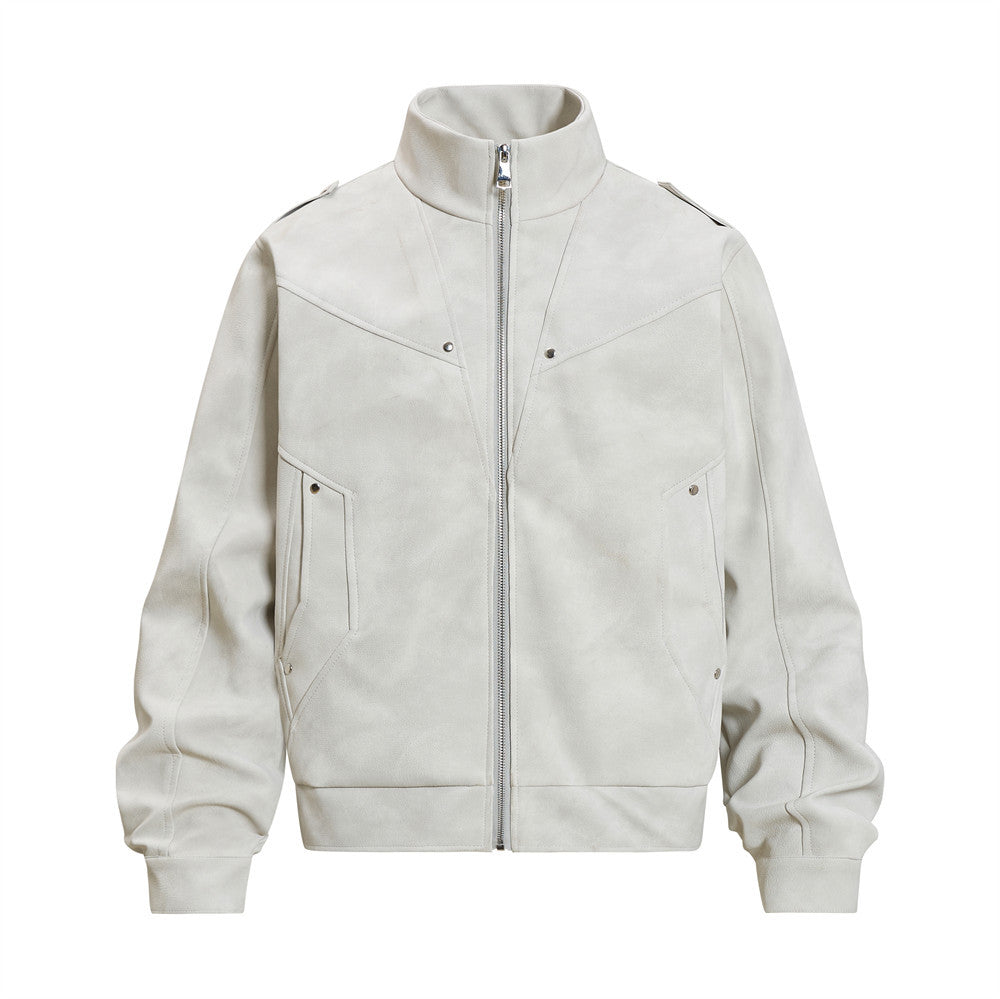 Men's retro distressed suede-texture PU leather stand collar bomber jacket in off-white almond and charcoal black with silver