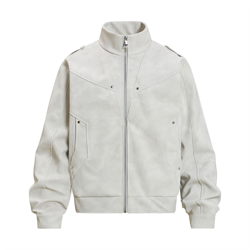 Men's retro distressed suede-texture PU leather stand collar bomber jacket in off-white almond and charcoal black with silver