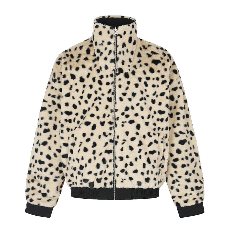 Reversible Stand-Collar Jacket Men's Dalmatian Faux Fur & Nylon Oversized Bomber