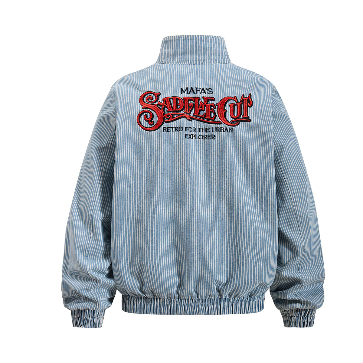 Striped Denim Bomber Jacket Stand Collar Embroidered Retro Boxy Fit