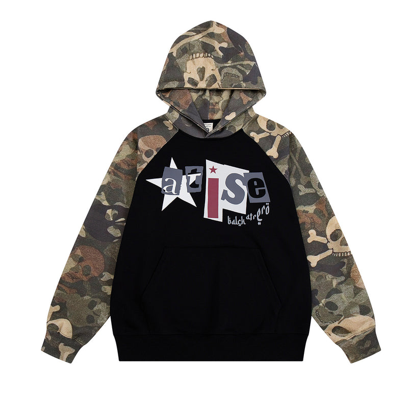 Camo Skull Raglan Hoodie – Colorblock Streetwear Pullover with Graphic Print