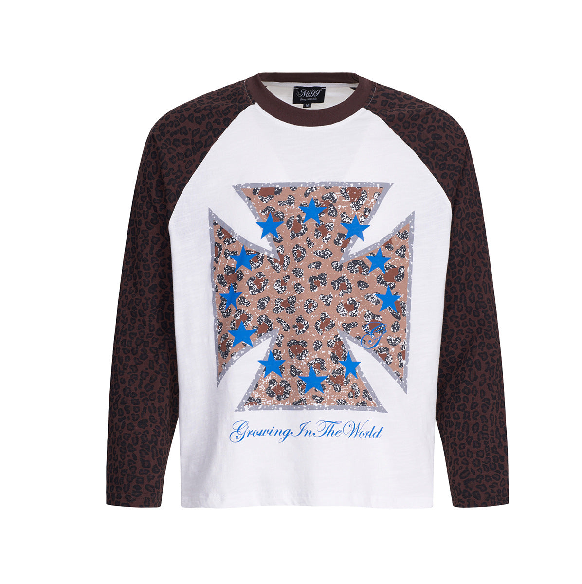 Langarm-Raglan-T-Shirt mit Leopardenprint – Iron-Cross-Stern-Print, Weiß &