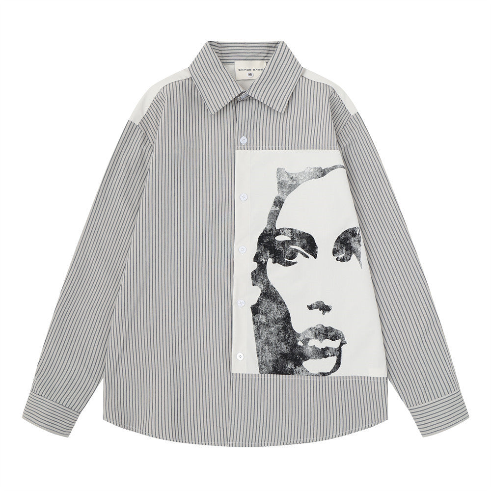 Striped Abstract Face Print Oversized Long Sleeve Shirt