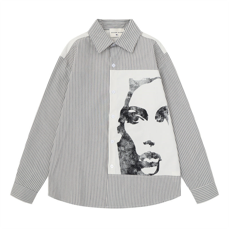 Striped Abstract Face Print Oversized Long Sleeve Shirt