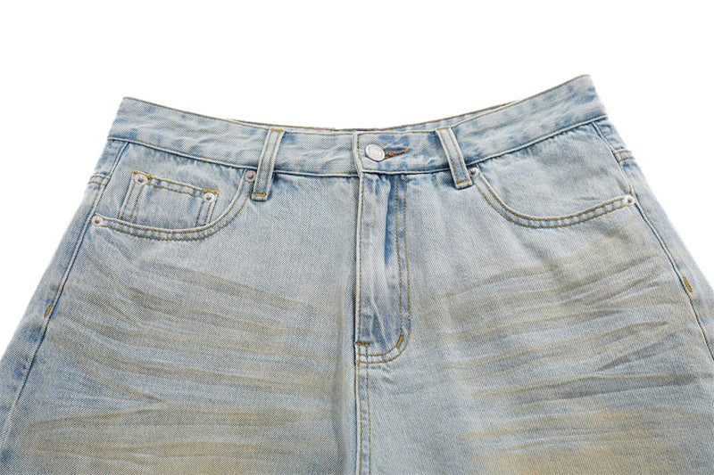 Distressed Denim Skirt Shorts – Layered Faux Two-Piece Wide-Leg Cut