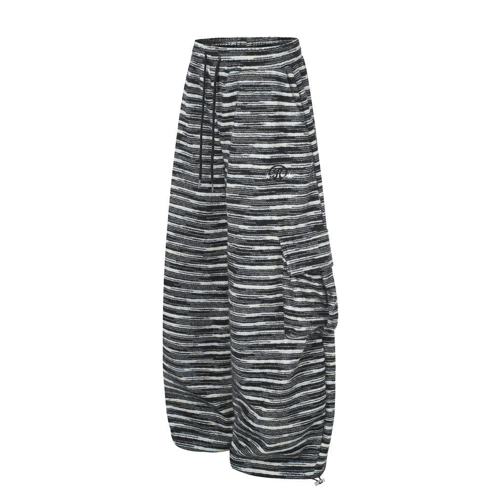 Wide-Leg Striped Cargo Pants – Relaxed Fit Multi-Pocket Streetwear Trousers