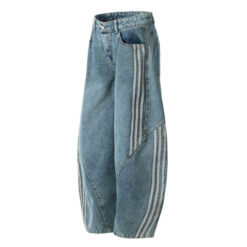 Men's Baggy Wide-Leg Jeans with Triple Stripe Detail – Washed Denim