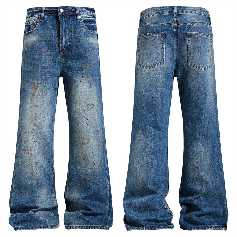 Men's Washed Distressed Flare Jeans with Graffiti Paint Splatter