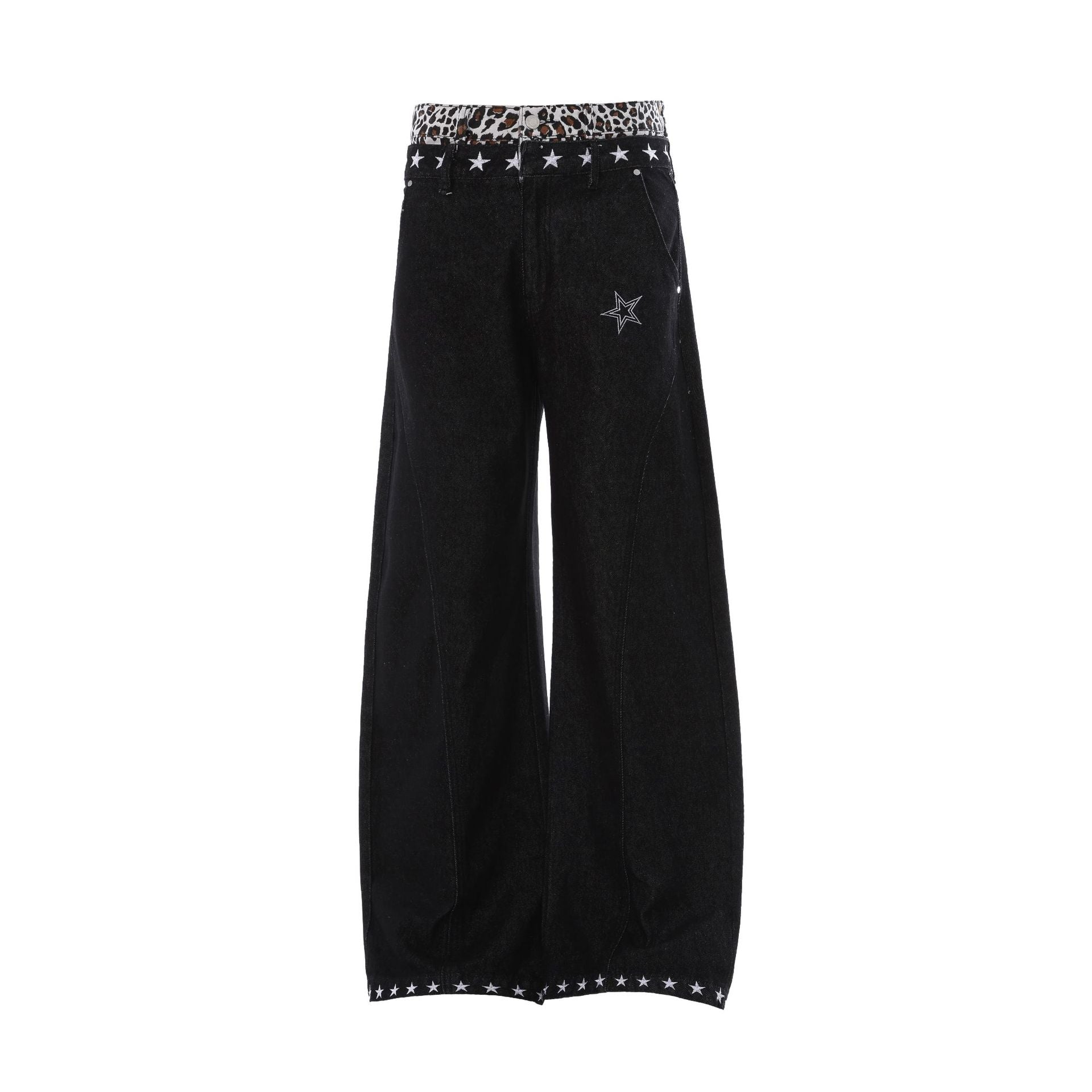 Baggy Wide-Leg Jeans with Star Embroidery & Leopard Waistband – Black