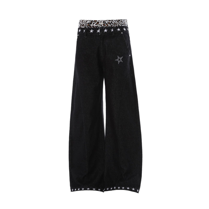 Baggy Wide-Leg Jeans with Star Embroidery & Leopard Waistband – Black