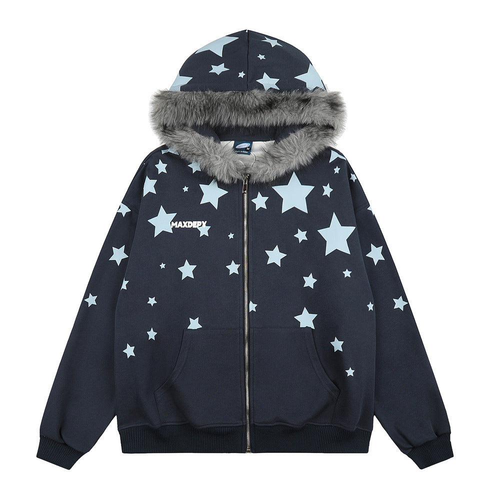 Hoodie mit Sternenprint, Reißverschluss und Kunstfellkapuze – Oversize-Streetwear-Cardigan