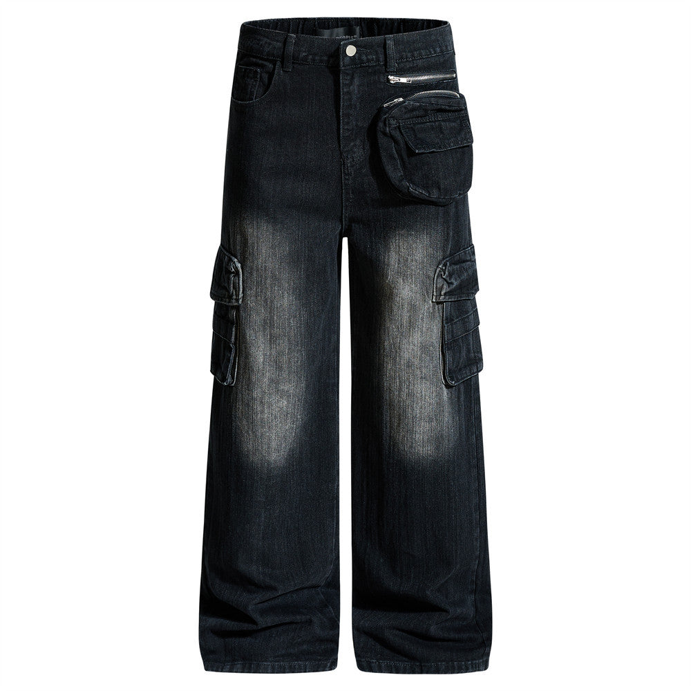 Vaqueros cargo para hombre — Pantalón vaquero de pierna ancha con múltiples bolsillos y lavado desgastado