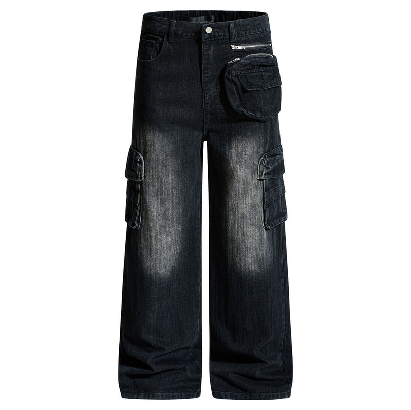 Vaqueros cargo para hombre — Pantalón vaquero de pierna ancha con múltiples bolsillos y lavado desgastado