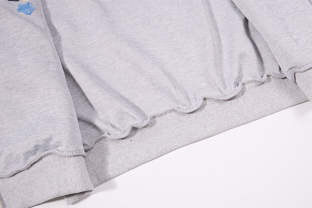 Sweat zippé à oreilles de chat – Corps à imprimé étoiles, manches raglan rayées et broderie