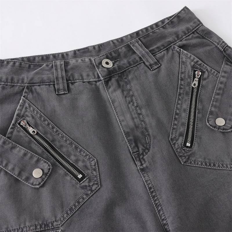 Wide-Leg Cargo Pants – Multi-Pocket Washed Vintage Streetwear Trousers