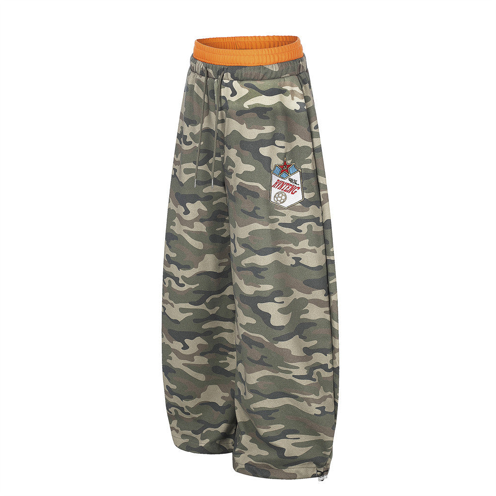 Camo Wide-Leg Sweatpants with Colorblock Orange Waistband and Patches