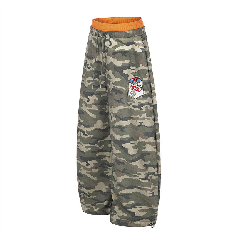 Camo Wide-Leg Sweatpants with Colorblock Orange Waistband and Patches