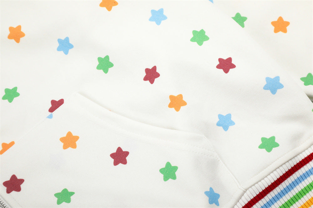 Hoodie zippé homme à imprimé étoiles colorées et capuche en fausse fourrure — Oversize hip-hop