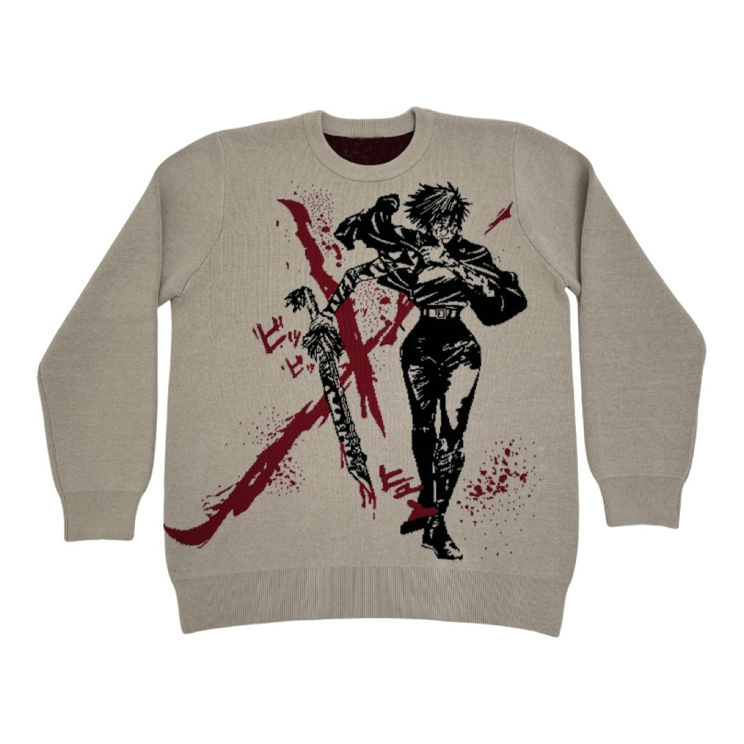 The Premium Maki Zenin-Inspired Knit Sweater from Jujutsu Kaisen features a beige anime streetwear design with Maki Zenin holding a large sword, illustrated in dark red and black strokes, complemented by splattered red patterns enhancing her dynamic pose.