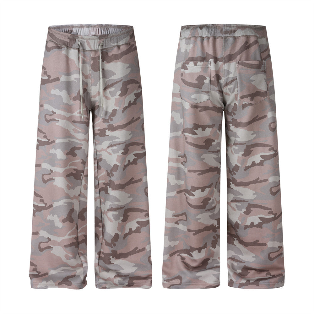 Men's wide-leg camouflage sweatpants in pink and grey tones with drawstring waistband, front and back view